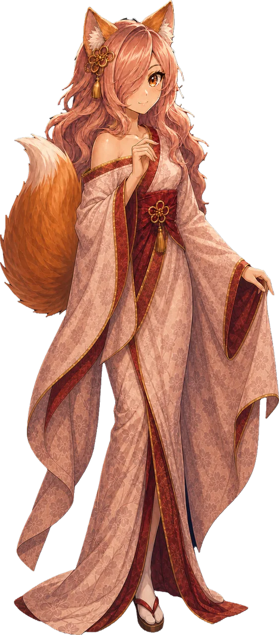 Kitsumi mascot, a kitsune girl in a cream and red kimono, lifting her sleeve